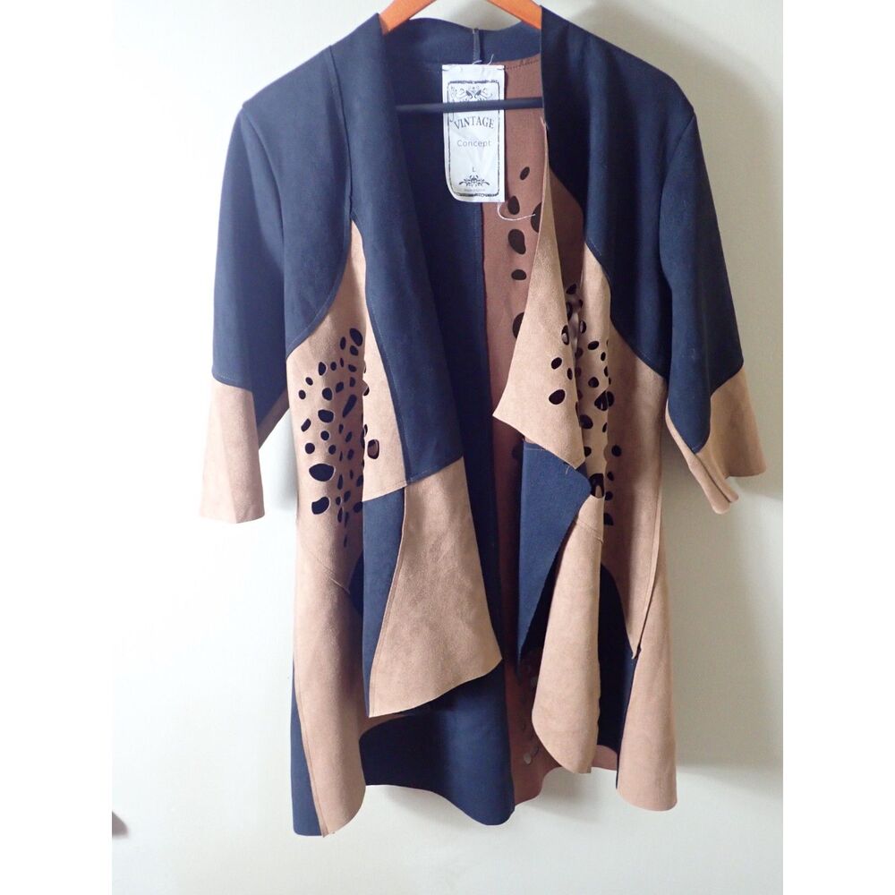 Vintage Concepts Jacket Brown Black Open-Front Patchwork Laser-Cut Details Large